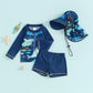 Fast-dry baby boys rash guard swimsuit set - long sleeve zip-up, fish print, polyester, summer beachwear