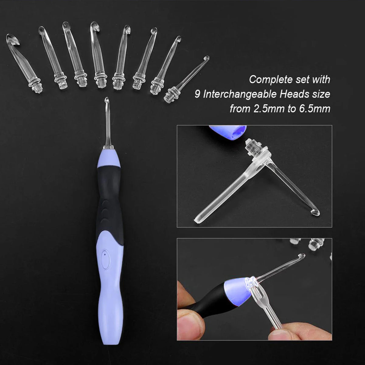 9PCS LED Light Up Crochet Hook Kit - USB Battery-Powered Knitting Device 2.5-6.5MM for DIY Crafts