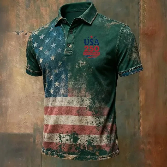 Light men's polo shirt - graphic flag print, cotton, casual summer wear for outdoor events