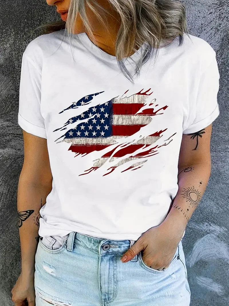 Plush Women's T-Shirt - graphic flag print short sleeve crew neck, casual summer top