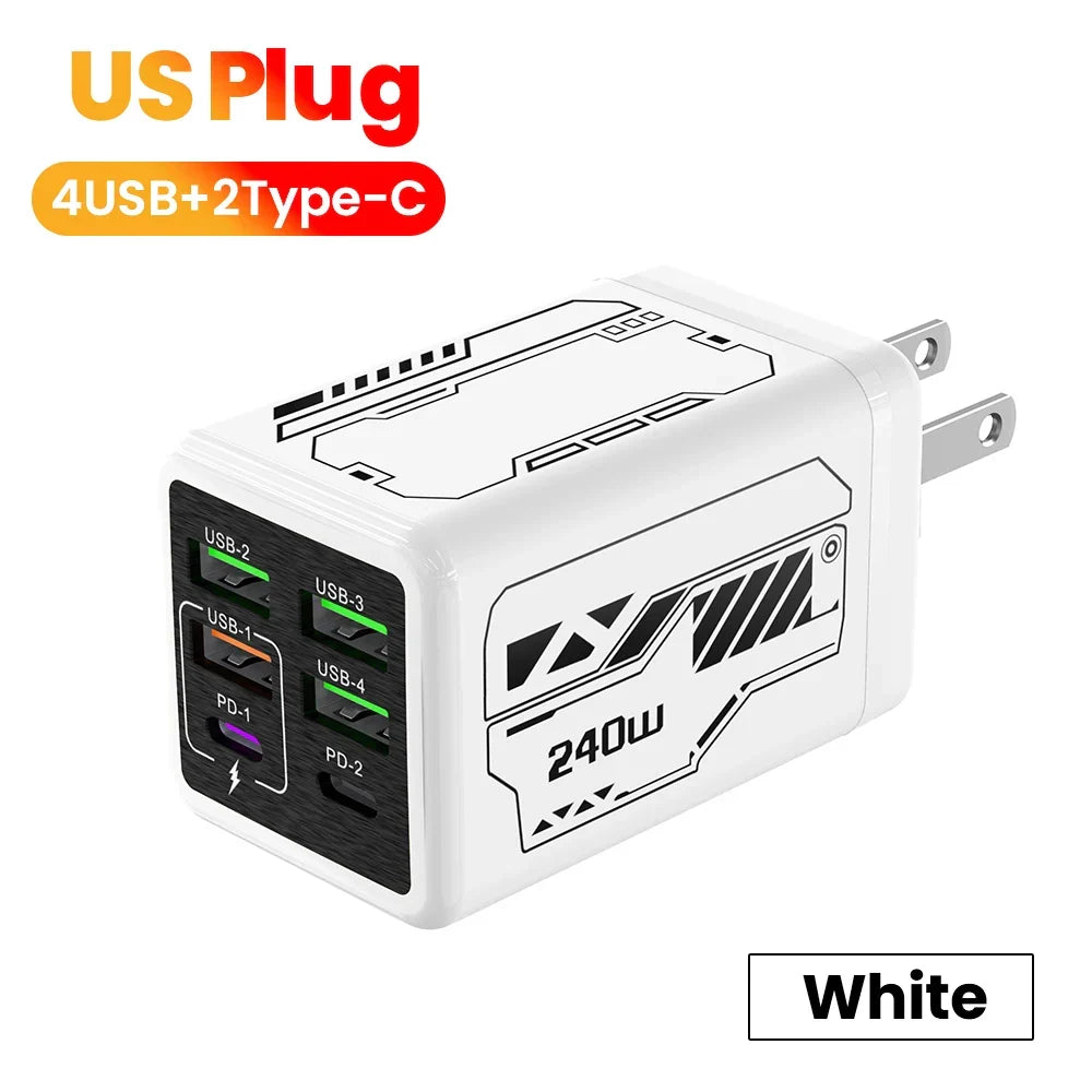 USB2026 Edition C Charger 6-Port Fast Charge, 4 USB A 2 Type-C PD3.0, EU UK US Plug, Back to School