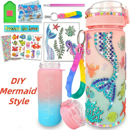 Mermaid DIY & Unicorn Water Bottle Craft Kits for Girls - Fun Arts and Crafts Birthday Gift with Fidget Keychain