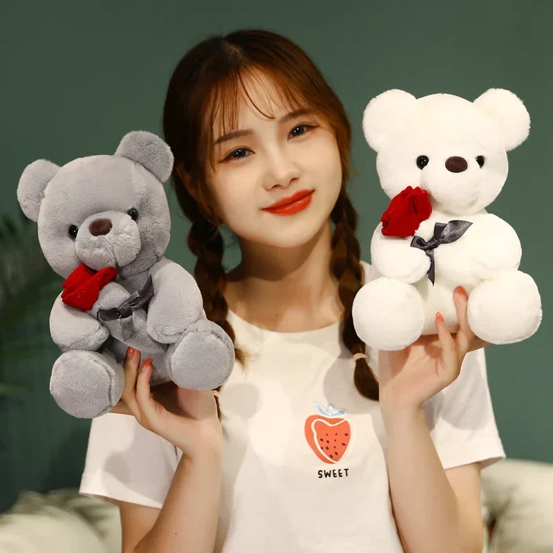 Teddy2026 Edition Bear Plush With Rose White Kawaii Stuffed Doll Romantic Valentines Day Gift