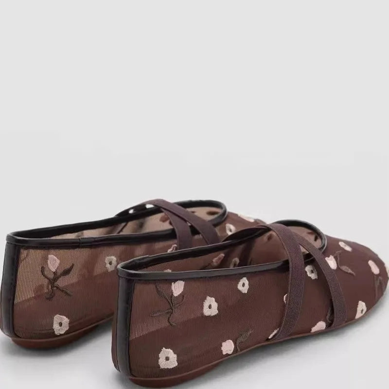 Light Women Ballet Flats - Mary Jane, Embroidered Mesh
