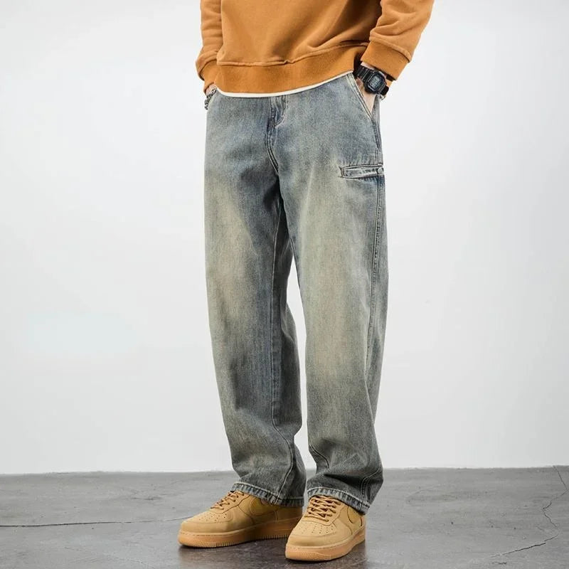 Men's Oversized Denim Jeans - Loose Straight Cut, Washed