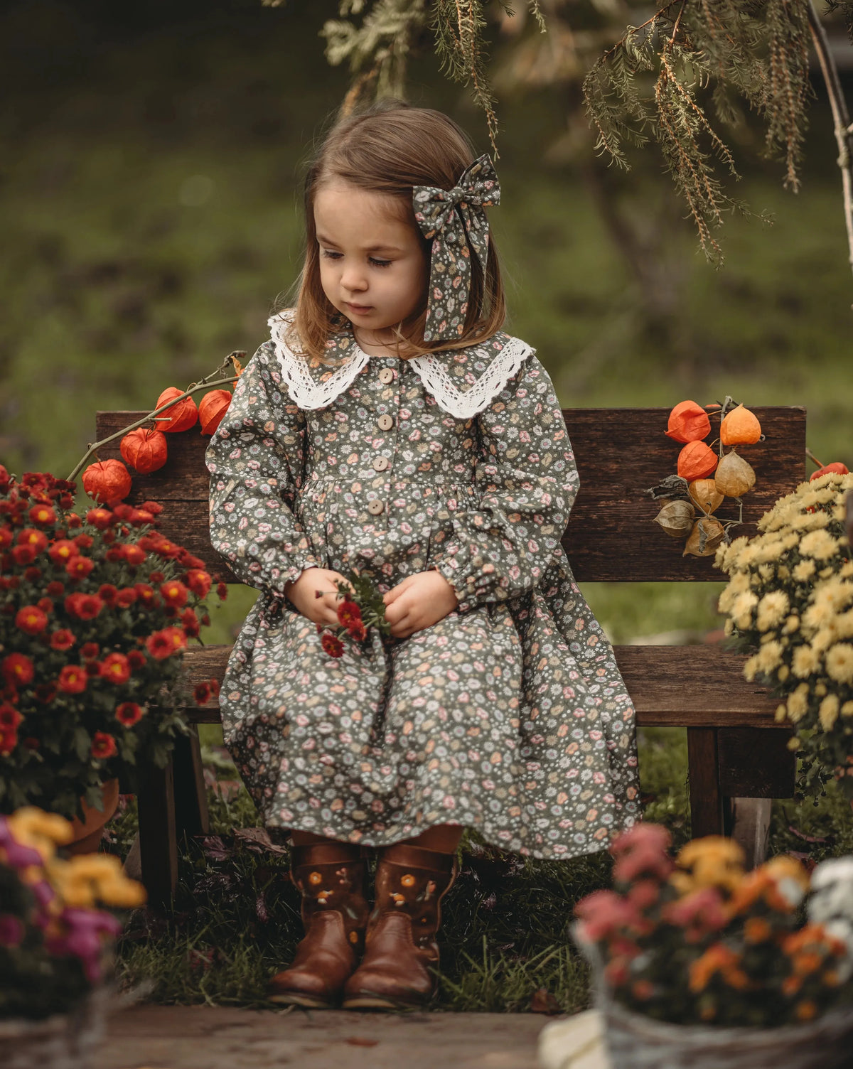floral long-sleeve knee-length, cotton, for special occasions – Plush classic girls' dress