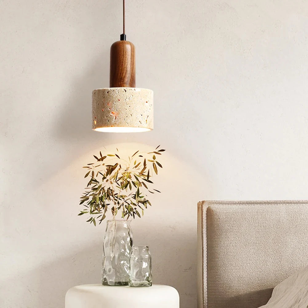 Japanese Japandi Pendant Light Wood And Travertine Bedside Lamp