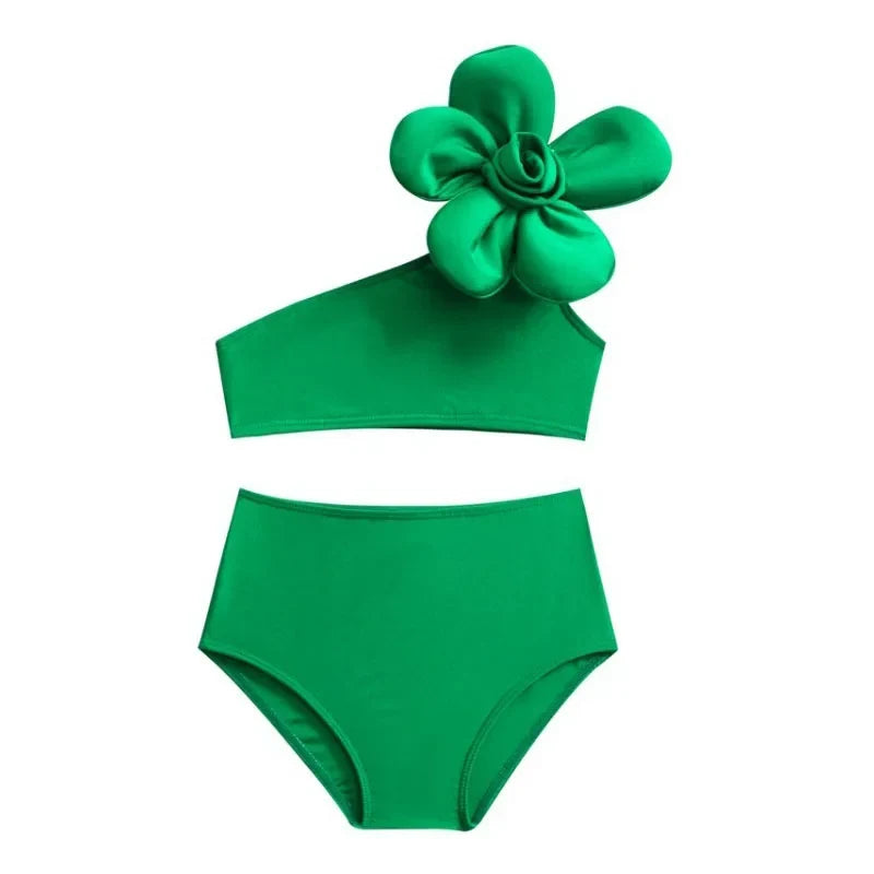 durable one-shoulder flower top, cotton-polyester, for beach days – Light girls’ bikini swimsuit set