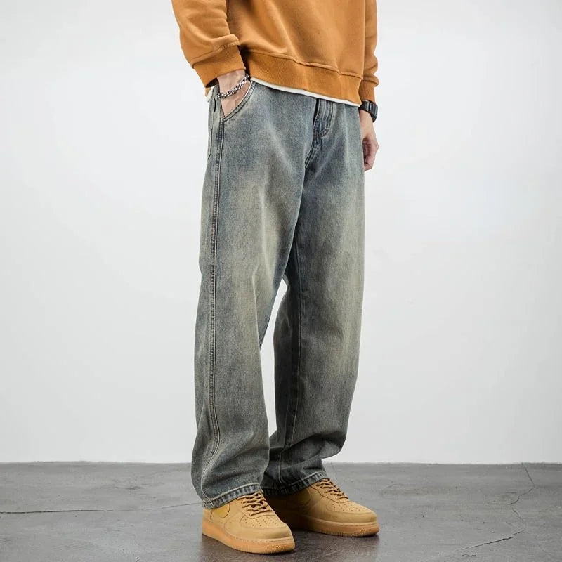 Men's Oversized Denim Jeans - Loose Straight Cut, Washed