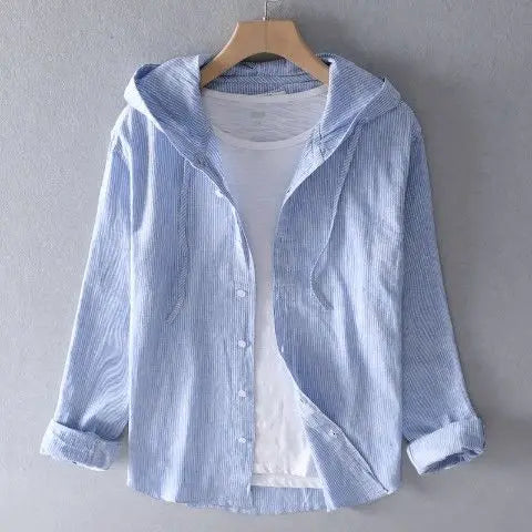 Summer Spring Solid Color Hooded Cotton Hemp Shirt Man Casual Cardigan