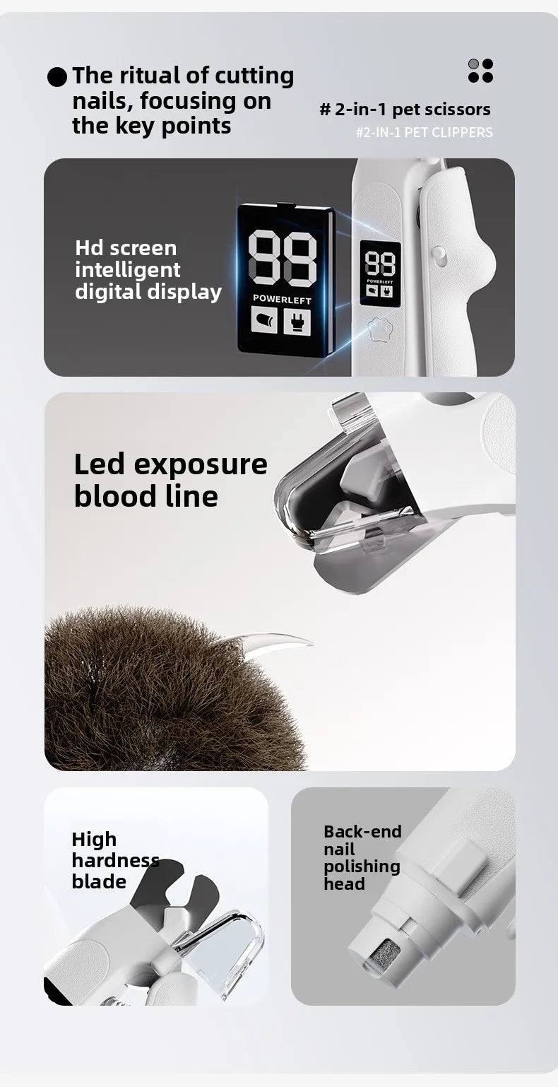 USB-C Battery-Powered Dog Cat Trimmer 2026 – 2-in-1 Pet Nail Clipper & Grinder with LED Blood Line Light