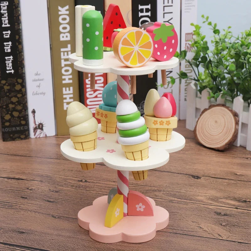 Ice Wooden Cream Play Rack for Kids - Educational Toy for Imaginative Role-Play and Family Fun