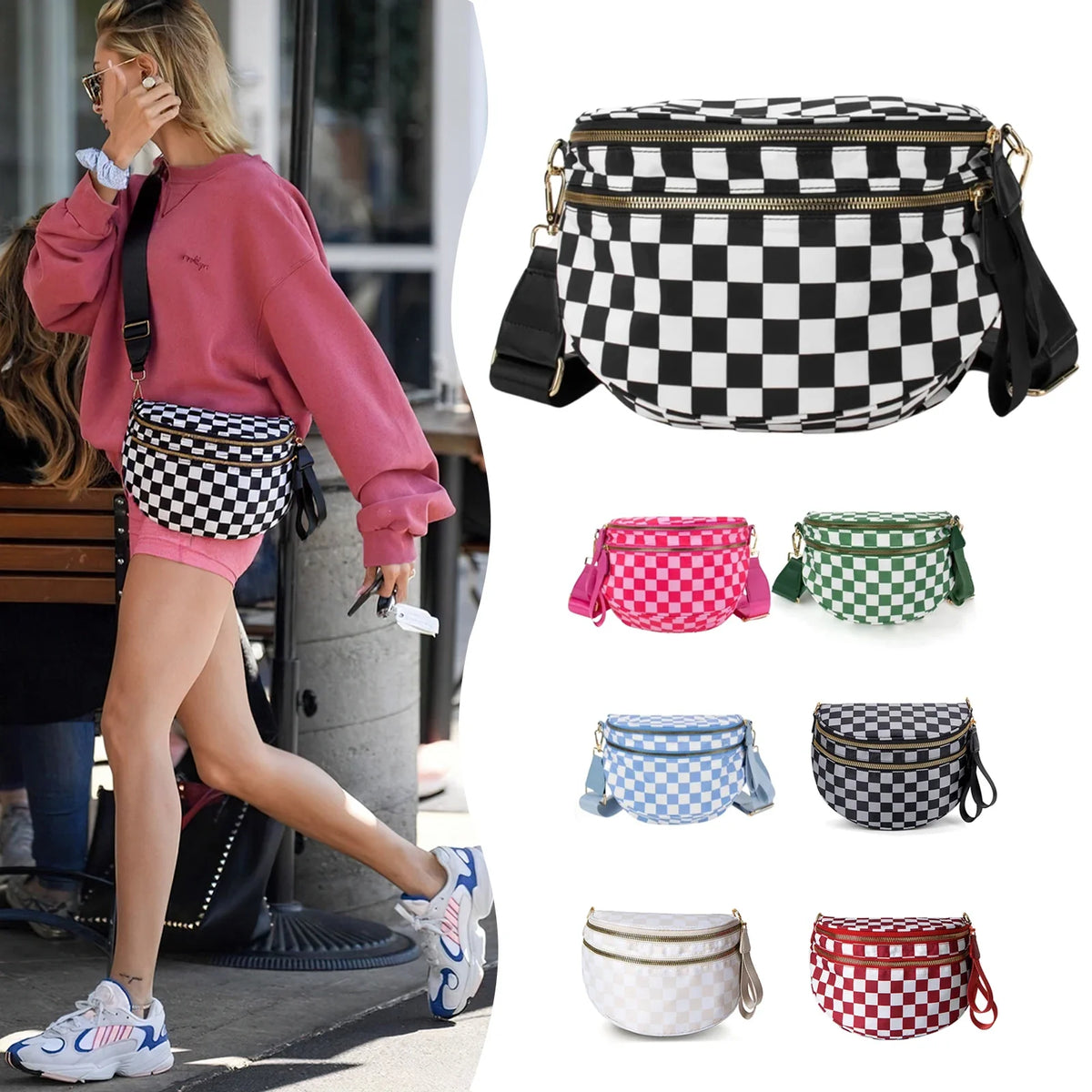 checkered nylon, box shape, travel and daily use – Multi-Use unisex crossbody bum bag
