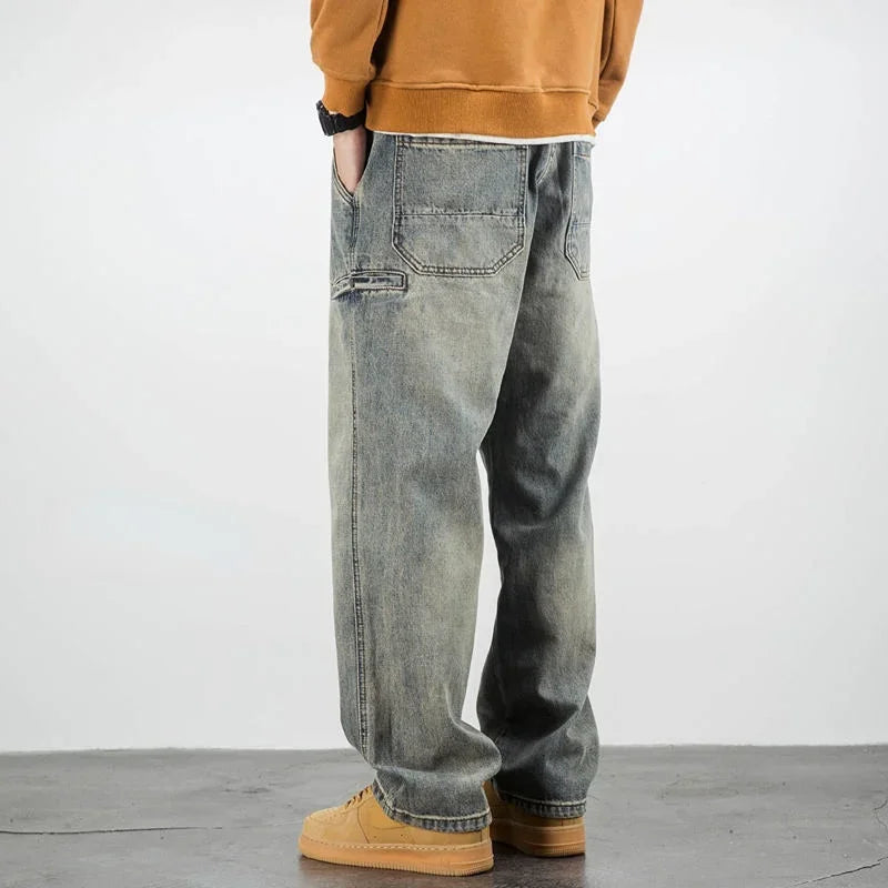 Men's Oversized Denim Jeans - Loose Straight Cut, Washed