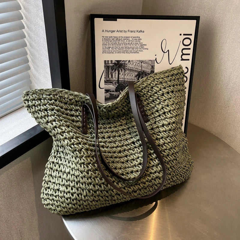 Straw Tote Bag Woven Beach Shoulder Bag Summer 2026 Large Capacity Carryall For Travel And Regular Use