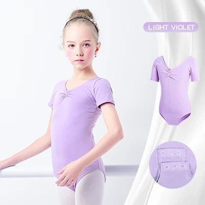 Plush girls' ballet leotard - short sleeve v-neck ruched, cotton knit, for dance practice and classic classes
