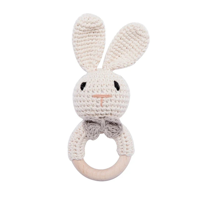 Crochet Wooden Animal Teether Rattle Newborn Sensory Toys