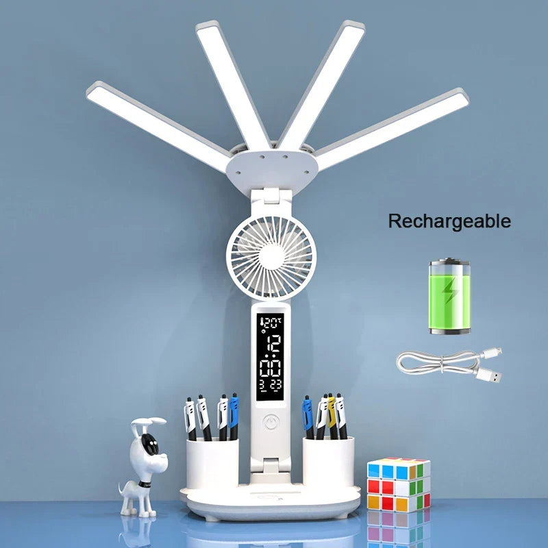 Battery-Powered Desk Lamp LED With Fan And Clock Display Study Light Back To School 2025 Travel-Friendly Flexible Brightness