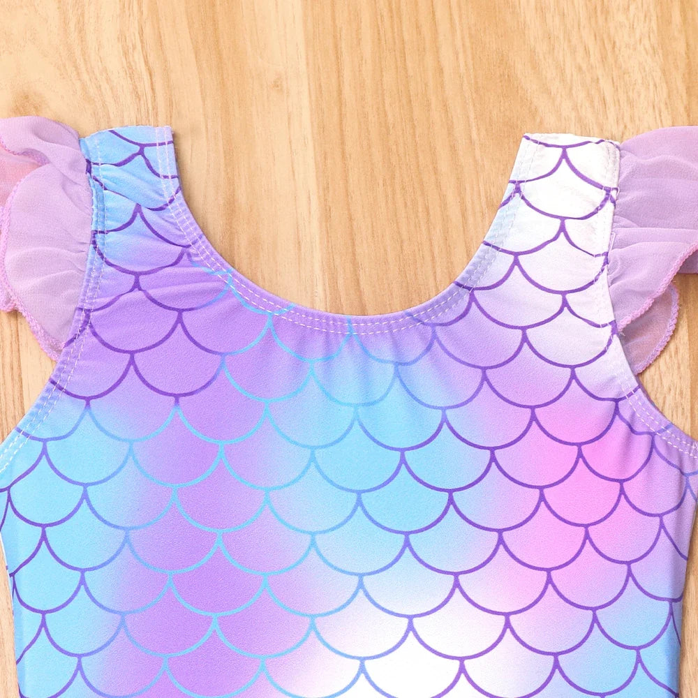 Mermaid-Scale Print, Ruffle Sleeves, Tulle, Polyester Elastane, Beach – Fast-Dry Sturdy Girls' One-Piece Swimsuit