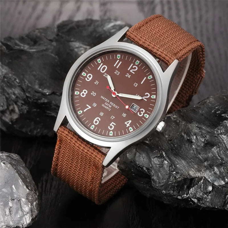 Field Quartz Watch Nylon Strap Military Style Date Luminous
