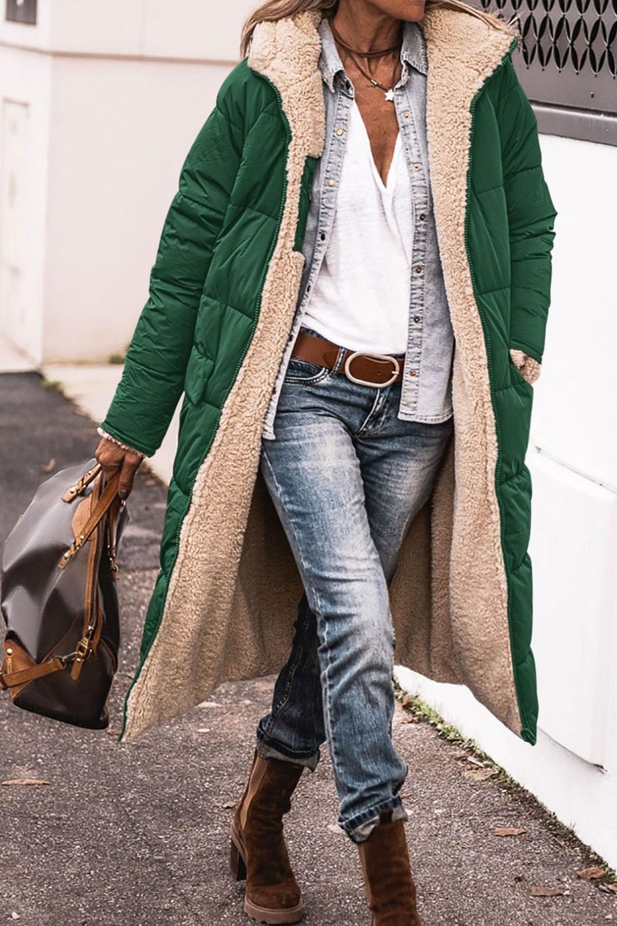 Women’s Warm Reversible Long Coat - Quilted Sherpa Hooded