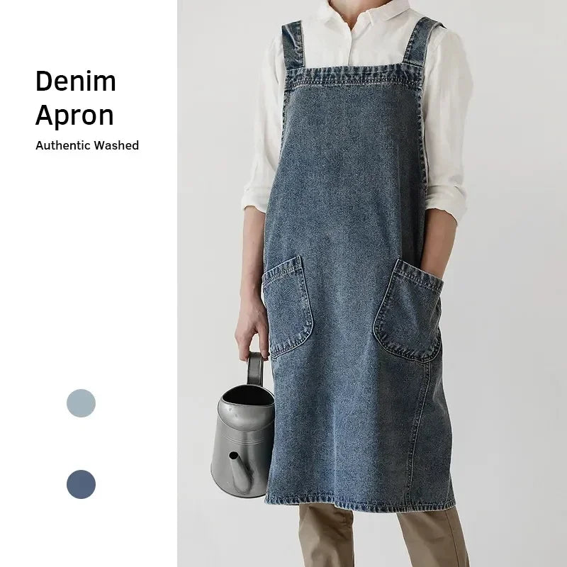 Apron Denim Washed Cotton Canvas Korean Dress Apron Fall 2025 Kitchen Garden Cooking Apron With Pockets