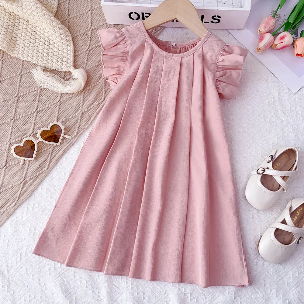 Plush girls' dress - princess, pleated, round-necked, polyester, summer party wear