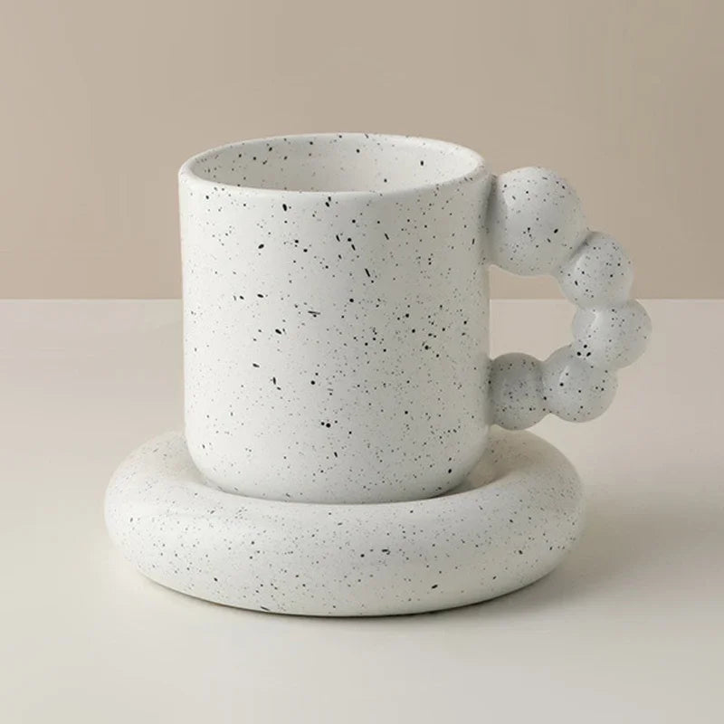 Ceramic Coffee Mug With Tray Beaded Handle Scandinavian Handmade Cup Fall 2025 Gift Decorative Serving
