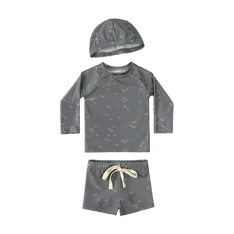 Long-Sleeve Top, Swim Pants, Hat, Polyester Elastane, Beach Vacation – Breathable Kids Rash Guard Swim Kit