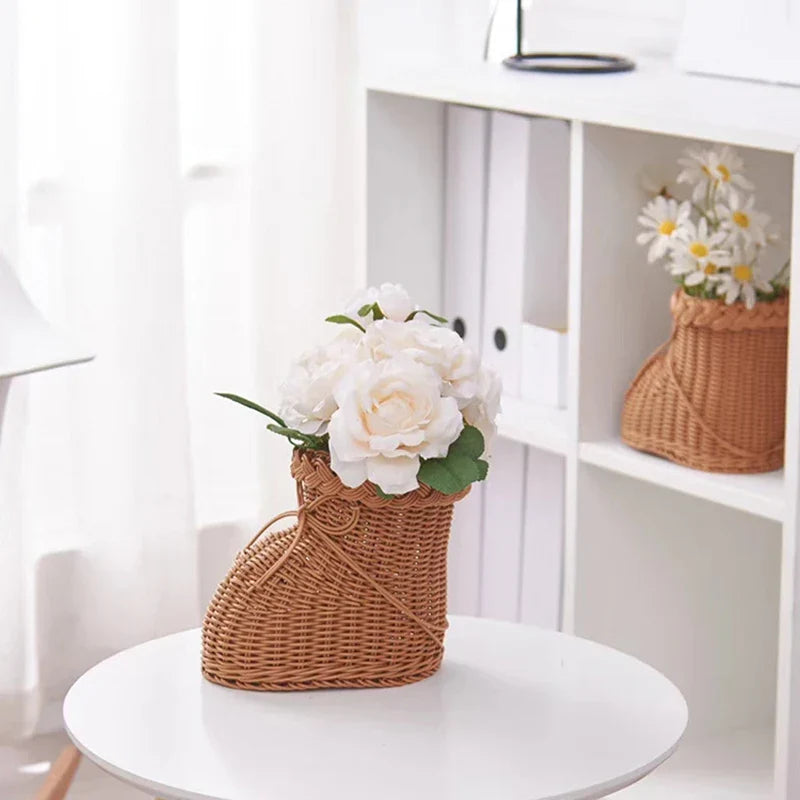 Vase Rattan Boot Shaped Imitation Woven Tabletop Christmas Decor Holiday 2025 Cute Centerpiece Gift