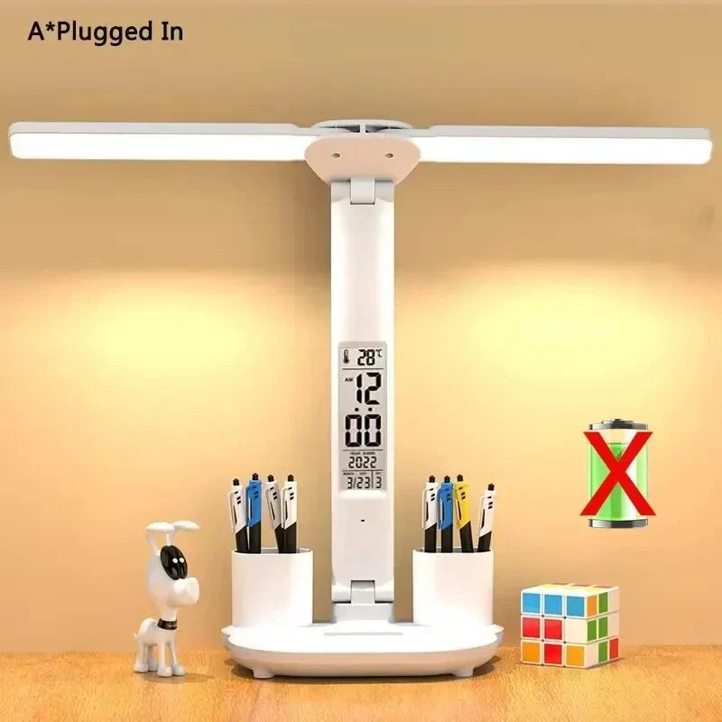 Battery-Powered Desk Lamp LED With Fan And Clock Display Study Light Back To School 2025 Travel-Friendly Flexible Brightness