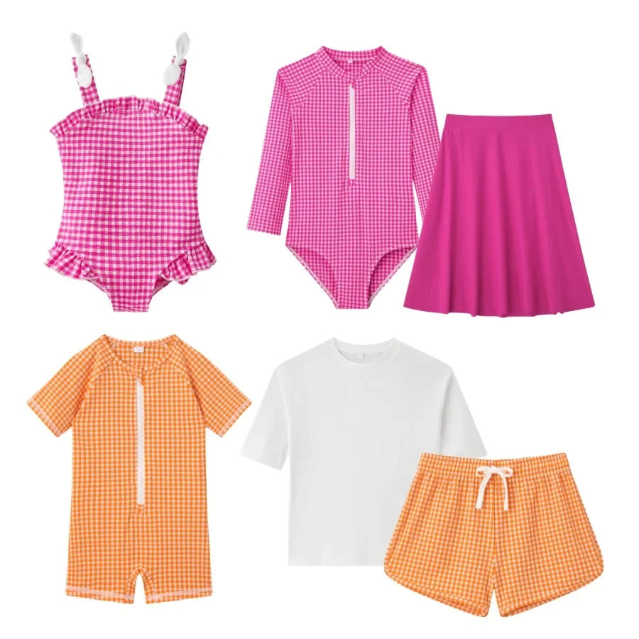 Fast-Dry Unisex Kids Swimsuit - One-Piece Gingham Plaid, Polyester, For Summer Vacation