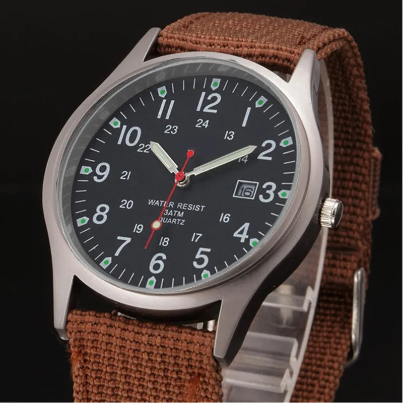 Field Quartz Watch Nylon Strap Military Style Date Luminous