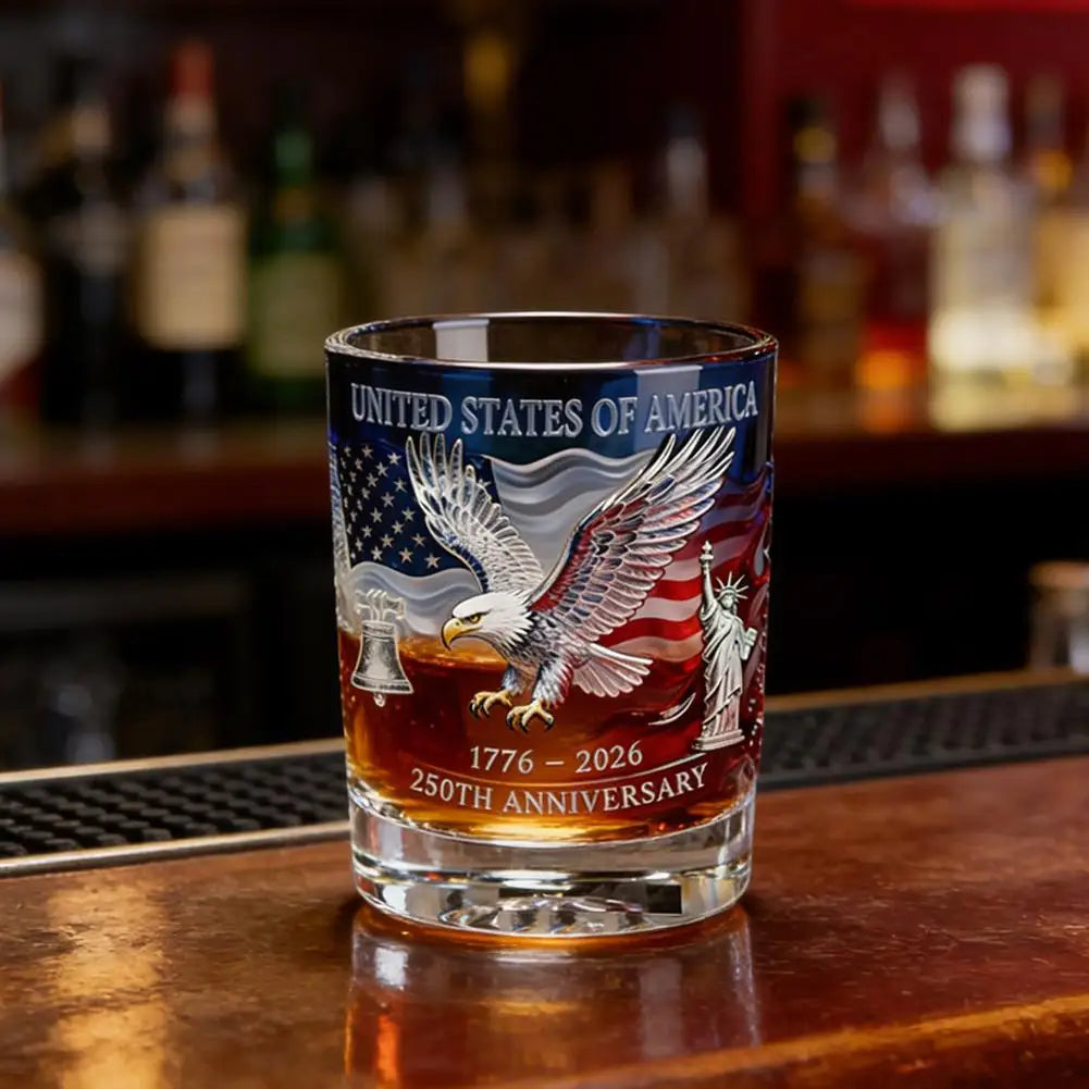 Whiskey Patriotic Glass Hand Blown Eagle Glassware USA 250th Anniversary Rotating Cup Gift Idea