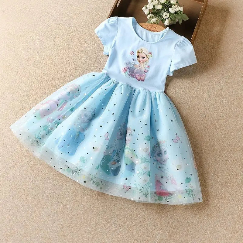 Light Girls' Dress - Short Sleeve, Knee-Length, Flowy, Cotton, Mesh, For Parties