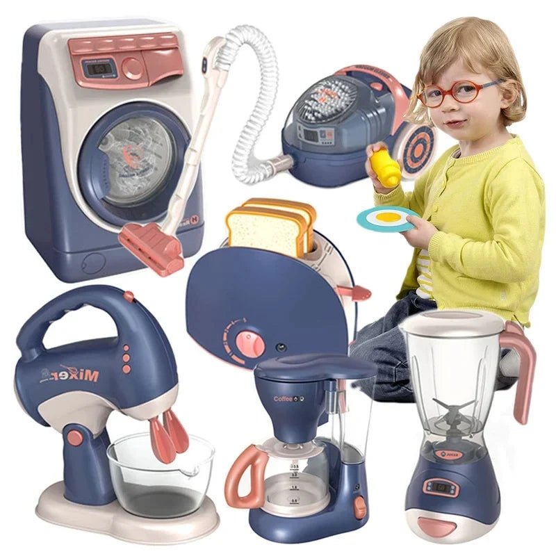 Pretend Kitchen Playset - Motor-Driven Vacuum, Juicer, Washing Machine & Water Sweeper Toys for Kids