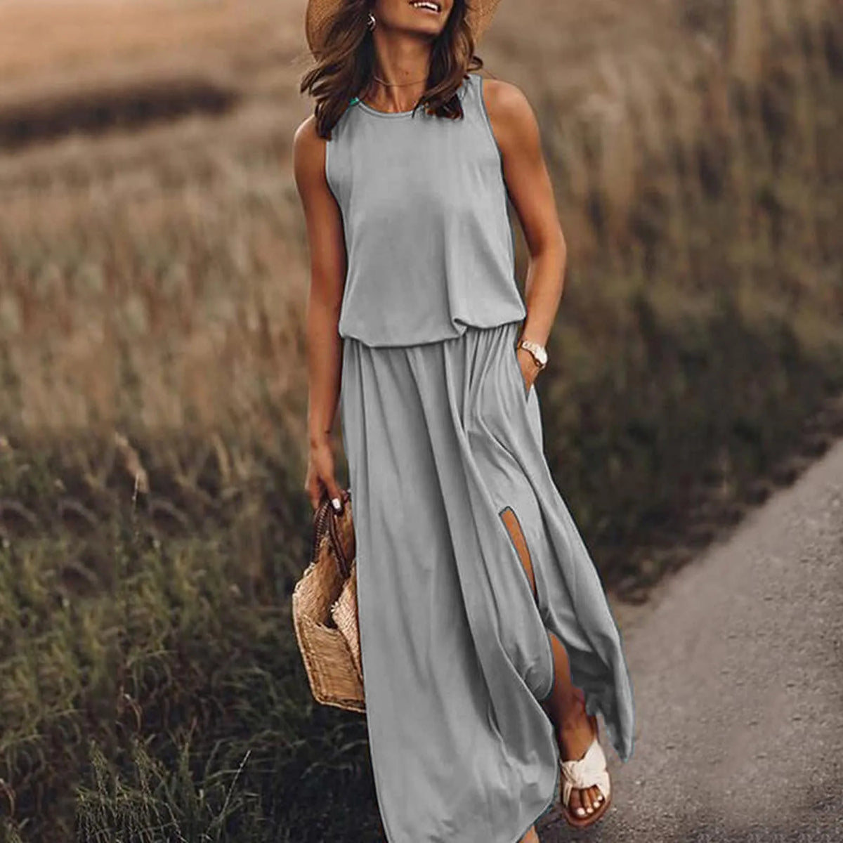 Spring/Summer Women's Trendy Retro Sleeveless Dress, Solid Color Two-Piece Kit