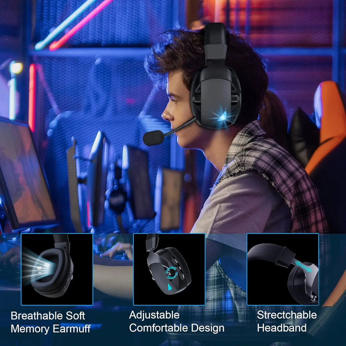 Cordless Gaming Headset Detachable Mic Multi Mode Comfort