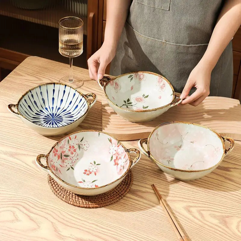 7.5 Ceramic Inch Noodle Bowl With Handles Floral Porcelain