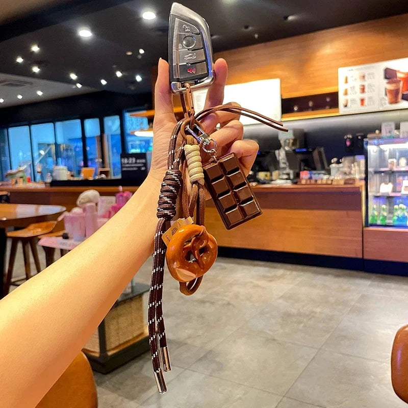 Rope Woven Bowknot Keychain With Cute Pastry Charms