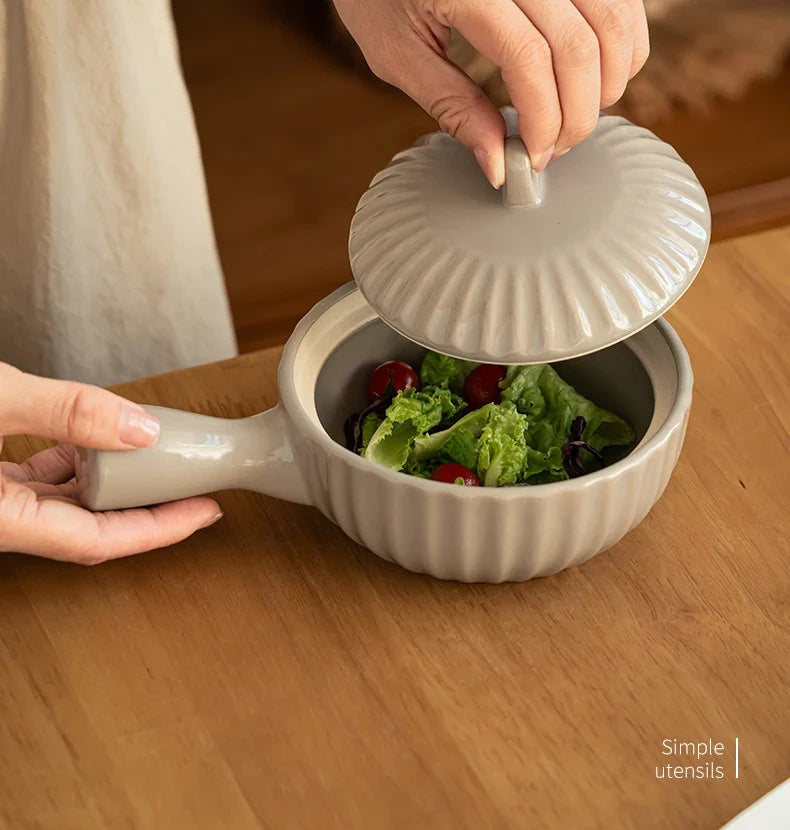 Single Ceramic Handle Bowl With Lid Japanese Style