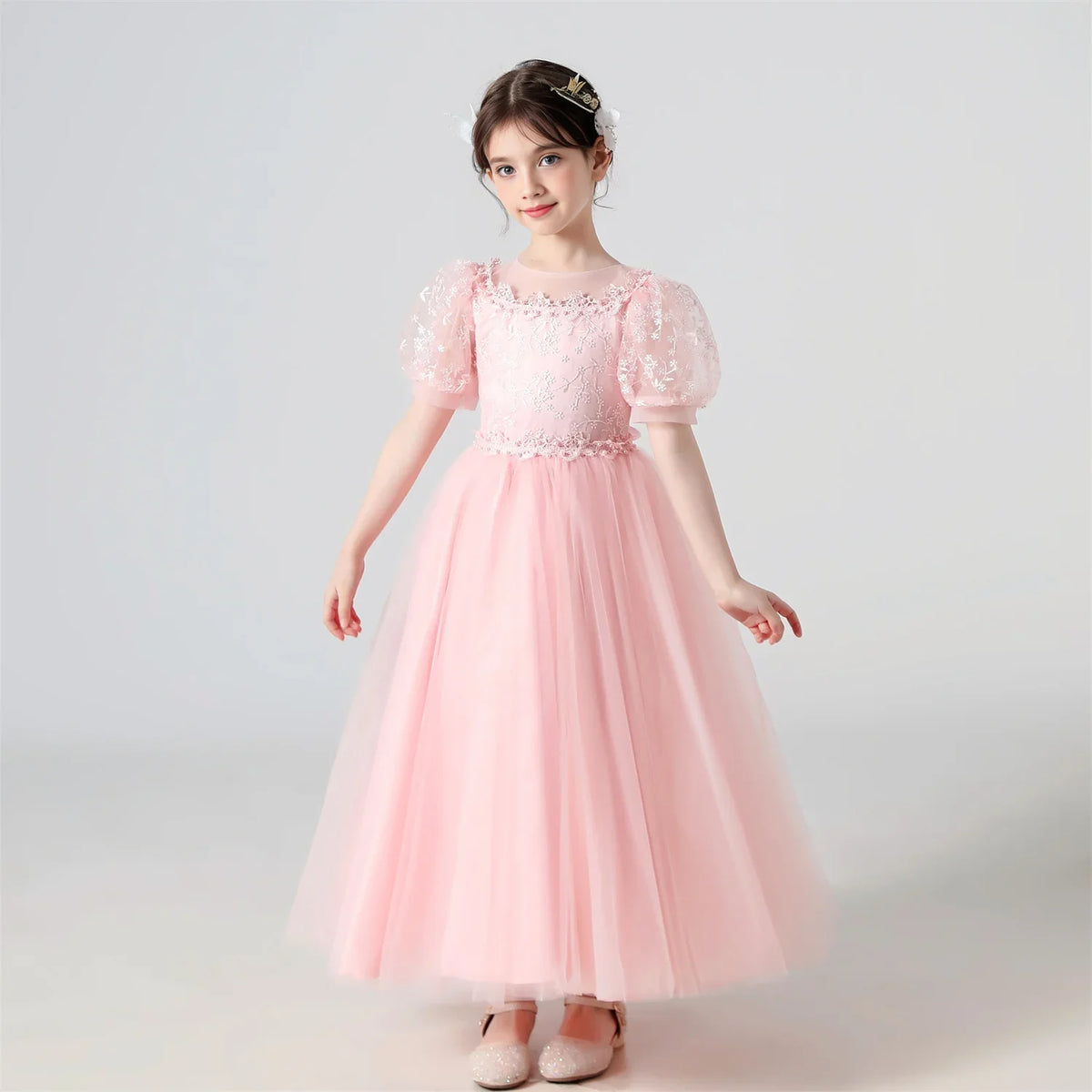 Plush Girls' Dress - Flowy Princess-Cut Lace-Embroidery, Polyester, Wedding Party