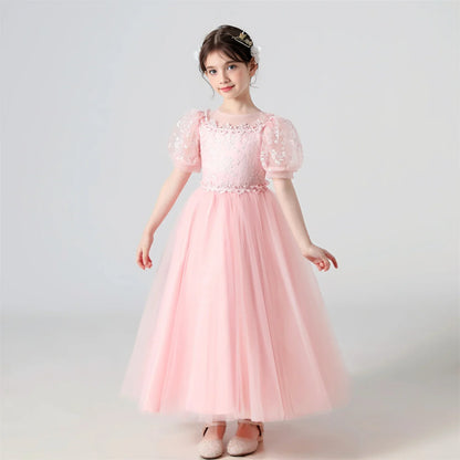 Plush Girls' Dress - Flowy Princess-Cut Lace-Embroidery, Polyester, Wedding Party