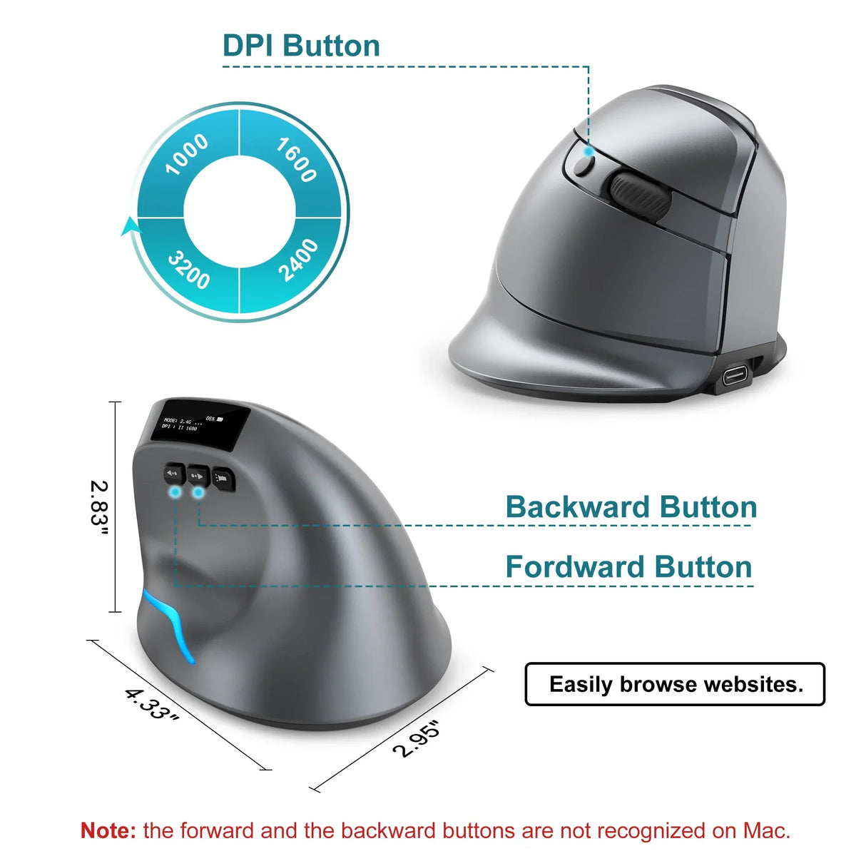Bluetooth Vertical Comfort-Grip Mouse With OLED Screen