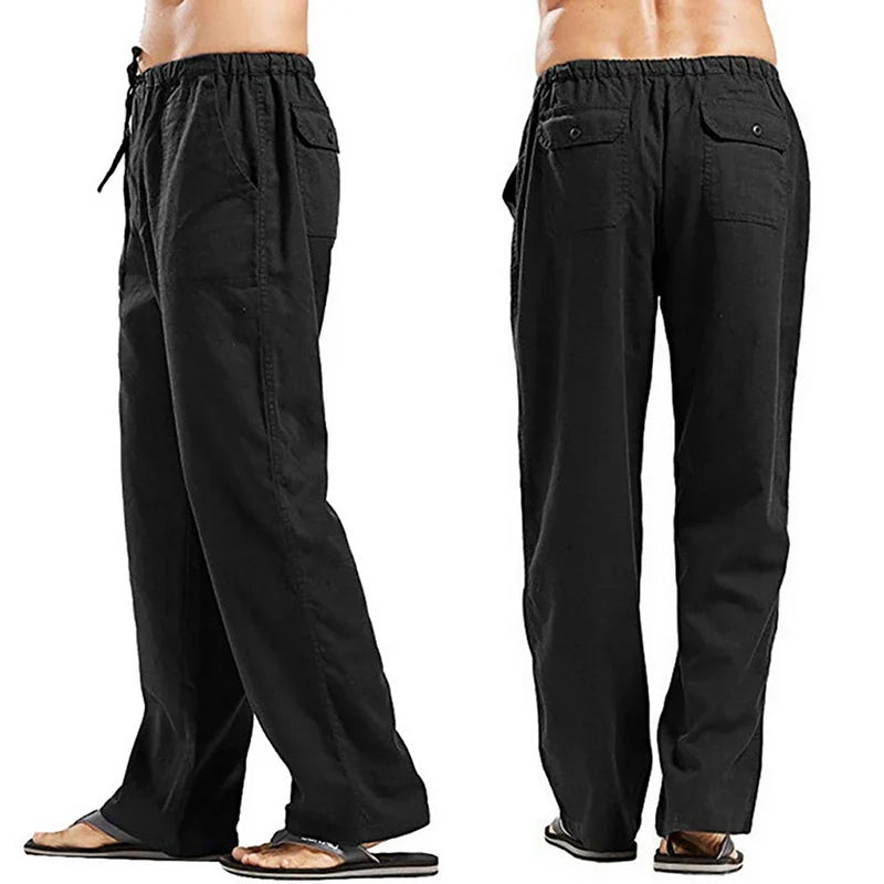 Color Solid Multi-Pocket Linen Men Pants - Casual Breathable Summer Trouser, Large Size
