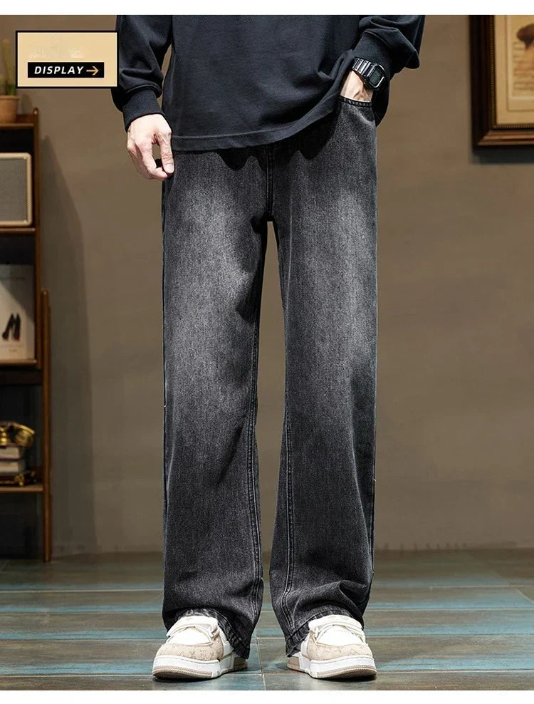 Men's Stretchy Jeans - Baggy Straight Flare, Denim Casual