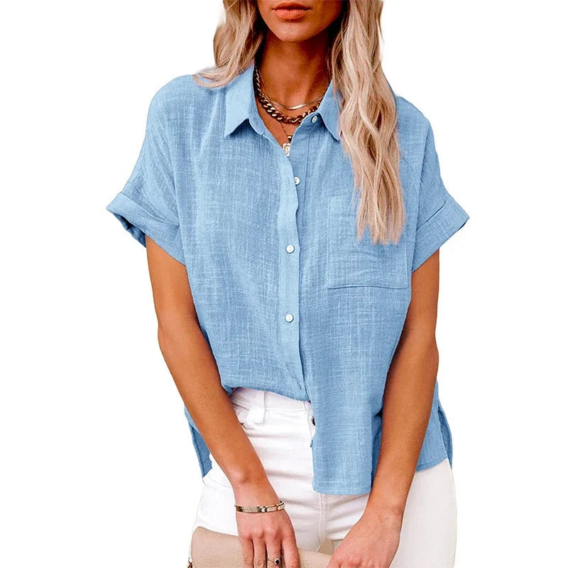 Shirt Linen Short Sleeve Casual Loose Fit Blouse Fresh Sweet Style Polyester Fabric