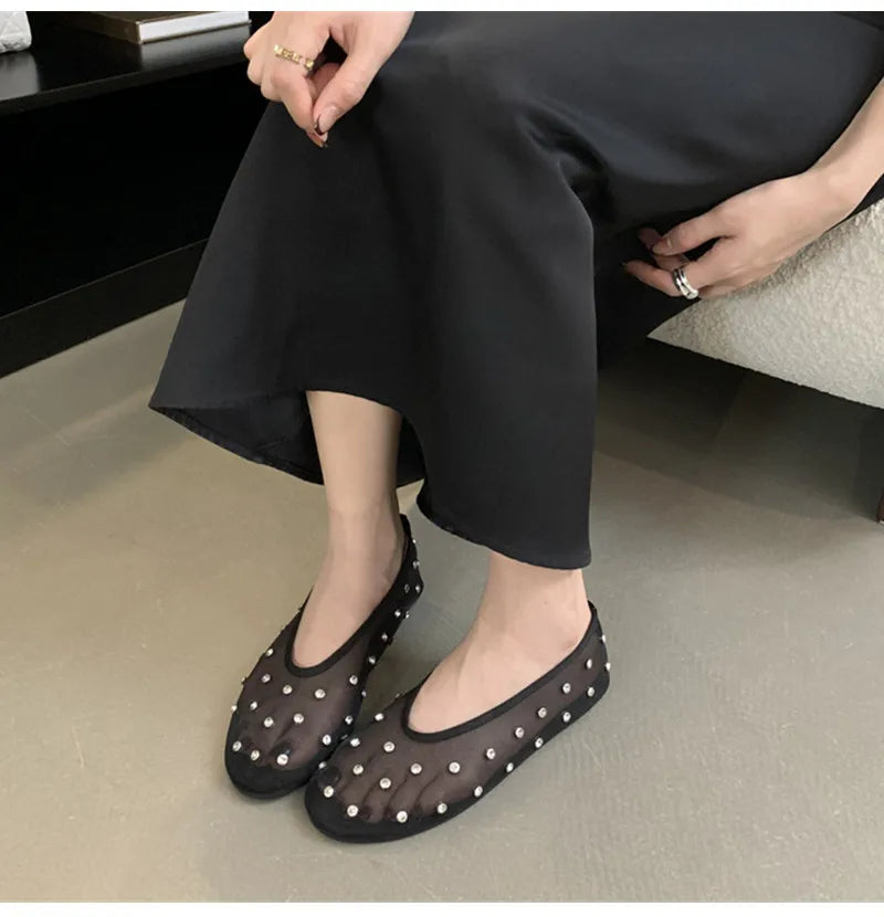 Women Breathable Ballet Flats - Mesh Crystal, Casual Walking