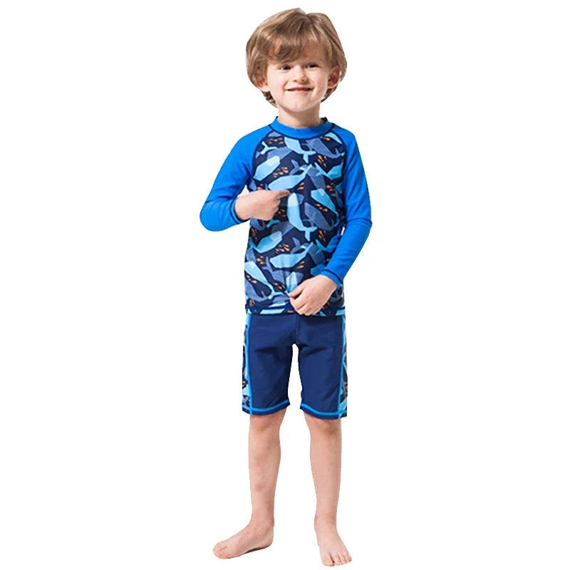 Fast-dry unisex kids' swimsuit set - long-sleeve top and shorts, polyester, for summer swimming