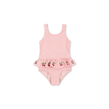 Fast-dry girls’ swimwear - checkered cherry print bikini set, nylon, for summer vacation